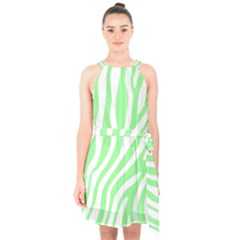 Green Zebra Vibes Animal Print  Halter Collar Waist Tie Chiffon Dress by ConteMonfrey