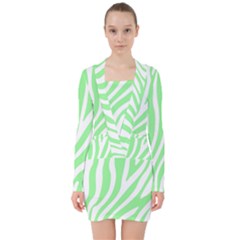 Green Zebra Vibes Animal Print  V-neck Bodycon Long Sleeve Dress by ConteMonfrey