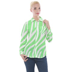 Green Zebra Vibes Animal Print  Women s Long Sleeve Pocket Shirt