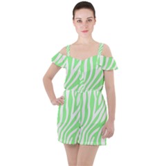 Green Zebra Vibes Animal Print  Ruffle Cut Out Chiffon Playsuit by ConteMonfrey