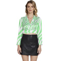 Green Zebra Vibes Animal Print  Long Sleeve Tie Back Satin Wrap Top