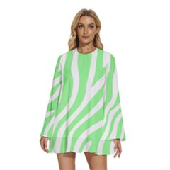 Green Zebra Vibes Animal Print  Round Neck Long Sleeve Bohemian Style Chiffon Mini Dress
