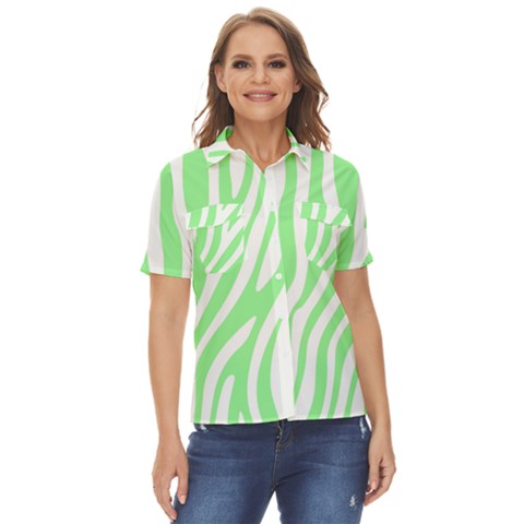 Green Zebra Vibes Animal Print  Women s Short Sleeve Double Pocket Shirt by ConteMonfrey