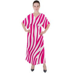 Pink Fucsia Zebra Vibes Animal Print V-neck Boho Style Maxi Dress by ConteMonfrey