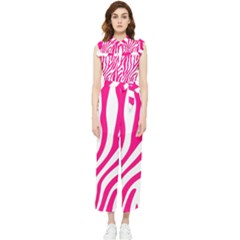 Pink Fucsia Zebra Vibes Animal Print Women s Frill Top Chiffon Jumpsuit by ConteMonfrey