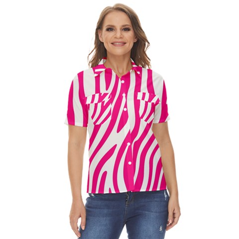 Pink Fucsia Zebra Vibes Animal Print Women s Short Sleeve Double Pocket Shirt by ConteMonfrey