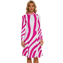 Pink Fucsia Zebra Vibes Animal Print Long Sleeve Shirt Collar A-line Dress by ConteMonfrey