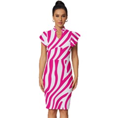 Pink Fucsia Zebra Vibes Animal Print Vintage Frill Sleeve V-neck Bodycon Dress by ConteMonfrey