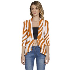 Orange Zebra Vibes Animal Print   Women s 3/4 Sleeve Ruffle Edge Open Front Jacket by ConteMonfrey