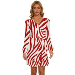 Red Zebra Vibes Animal Print  Long Sleeve Waist Tie Ruffle Velvet Dress