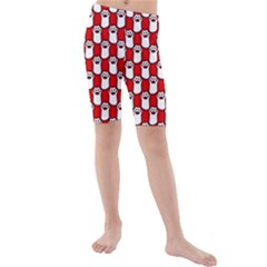 Red And White cat Paws Kids  Mid Length Swim Shorts