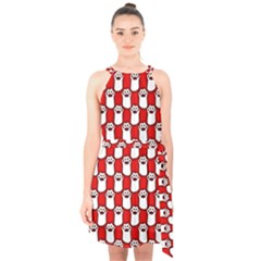 Red And White cat Paws Halter Collar Waist Tie Chiffon Dress