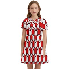 Red And White Cat Paws Kids  Bow Tie Puff Sleeve Dress by ConteMonfrey