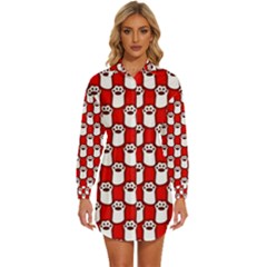 Red And White cat Paws Womens Long Sleeve Shirt Dress