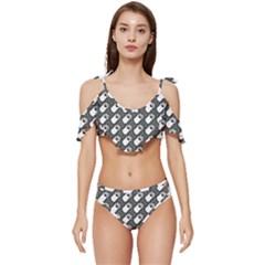 Grey And White Little Paws Ruffle Edge Tie Up Bikini Set	