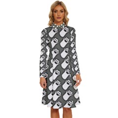 Grey And White Little Paws Long Sleeve Shirt Collar A-line Dress by ConteMonfrey