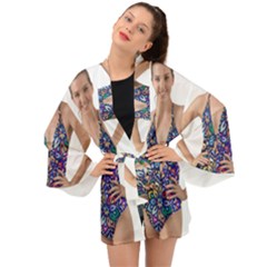 Leafs And Floral Print Long Sleeve Kimono