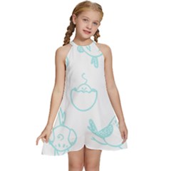 Birds Seamless Pattern Blue Kids  Halter Collar Waist Tie Chiffon Dress by ConteMonfrey