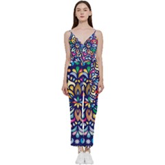 Leafs And Floral V-neck Spaghetti Strap Tie Front Jumpsuit