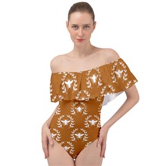 Brown Golden Bees Off Shoulder Velour Bodysuit  by ConteMonfrey