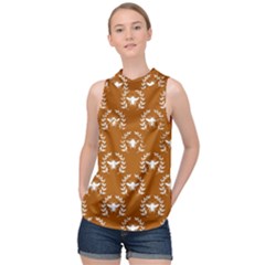 Brown Golden Bees High Neck Satin Top by ConteMonfrey