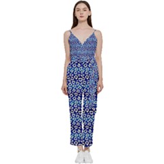 Animal Print - Blue - Leopard Jaguar Dots Small  V-neck Spaghetti Strap Tie Front Jumpsuit by ConteMonfrey