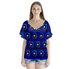 Blue Neon Squares - Modern Abstract V-neck Flutter Sleeve Top by ConteMonfrey