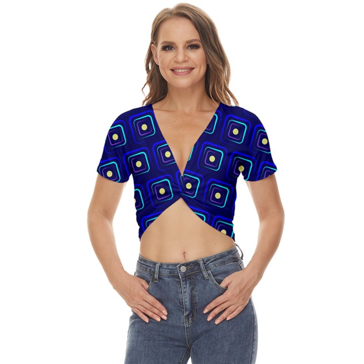 Blue Neon Squares - Modern Abstract Twist Front Crop Top