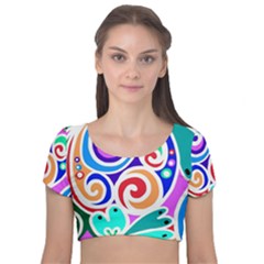 Crazy Pop Art - Doodle Circles   Velvet Short Sleeve Crop Top  by ConteMonfrey