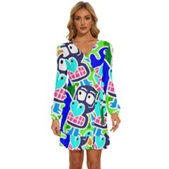 Crazy Pop Art - Doodle Skulls  Long Sleeve Waist Tie Ruffle Velvet Dress by ConteMonfrey