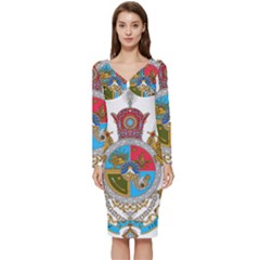 Imperial Coat Of Arms Of Iran, 1932-1979 Long Sleeve V-neck Bodycon Dress 