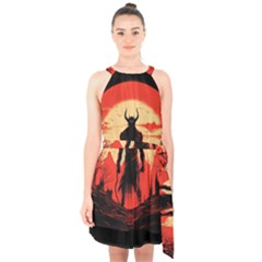 Demon Halloween Halter Collar Waist Tie Chiffon Dress