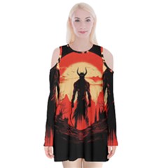 Demon Halloween Velvet Long Sleeve Shoulder Cutout Dress