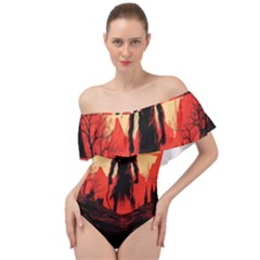 Demon Halloween Off Shoulder Velour Bodysuit 