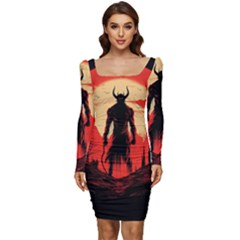 Demon Halloween Women Long Sleeve Ruched Stretch Jersey Dress