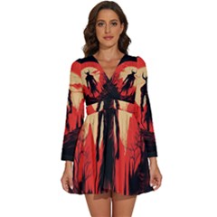 Demon Halloween Long Sleeve V-Neck Chiffon Dress 