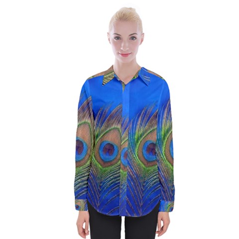 Blue Peacock Feather Womens Long Sleeve Shirt by Amaryn4rt
