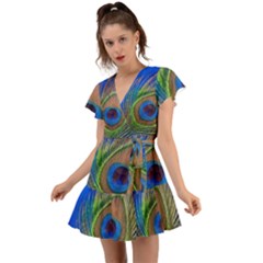 Blue Peacock Feather Flutter Sleeve Wrap Dress by Amaryn4rt