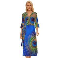 Blue Peacock Feather Midsummer Wrap Dress