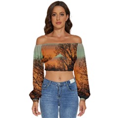 Twilight Sunset Sky Evening Clouds Long Sleeve Crinkled Weave Crop Top by Amaryn4rt