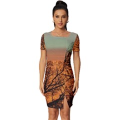 Twilight Sunset Sky Evening Clouds Fitted Knot Split End Bodycon Dress by Amaryn4rt
