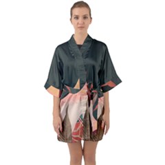 Leaves Foliage Plants Half Sleeve Satin Kimono  by Ravend