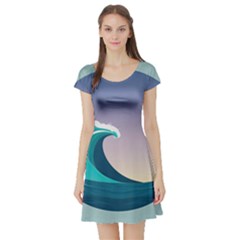 Tsunami Tidal Wave Wave Minimalist Ocean Sea 4 Short Sleeve Skater Dress by Wegoenart