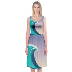 Tsunami Tidal Wave Wave Minimalist Ocean Sea 4 Midi Sleeveless Dress