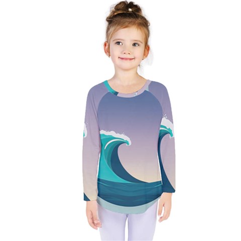 Tsunami Tidal Wave Wave Minimalist Ocean Sea 4 Kids  Long Sleeve Tee by Wegoenart