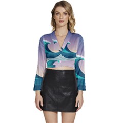 Tsunami Tidal Wave Wave Minimalist Ocean Sea 4 Long Sleeve Tie Back Satin Wrap Top