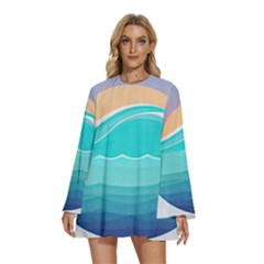 Tsunami Tidal Wave Wave Minimalist Ocean Sea Round Neck Long Sleeve Bohemian Style Chiffon Mini Dress by Wegoenart