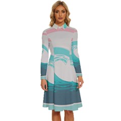 Tidal Wave Ocean Sea Tsunami Wave Minimalist Long Sleeve Shirt Collar A-line Dress by Wegoenart