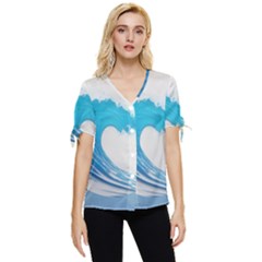 Wave Tsunami Tidal Wave Ocean Sea Water Bow Sleeve Button Up Top