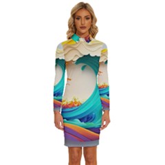 Tsunami Tidal Wave Wave Minimalist Ocean Sea 3 Long Sleeve Shirt Collar Bodycon Dress by Wegoenart